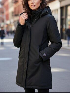 Black Mid Length Parka Coat with Interior Fur Lining